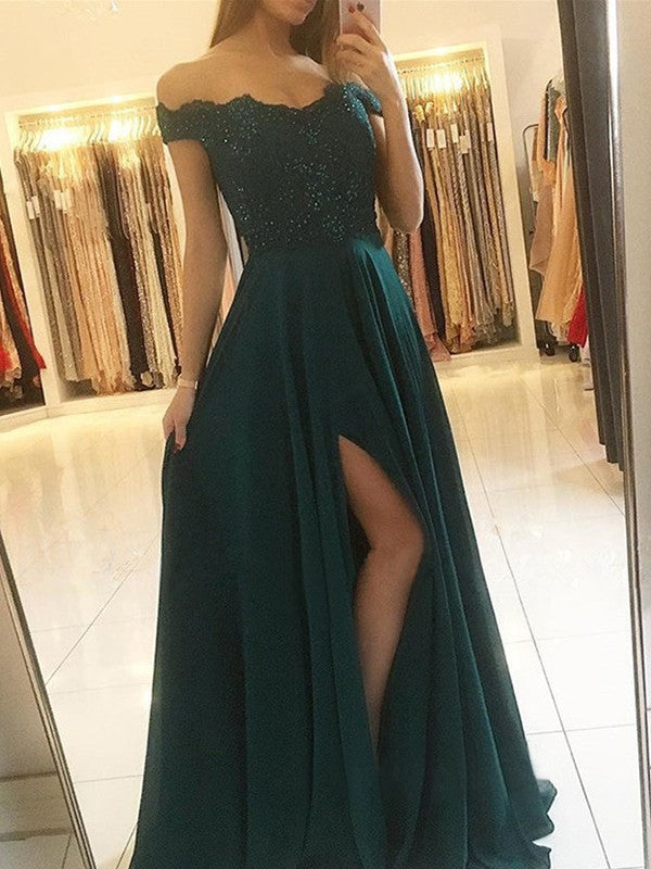 Wholesale A-Line/Princess Off-the-Shoulder Sleeveless Floor-Length Beading Chiffon Dresses